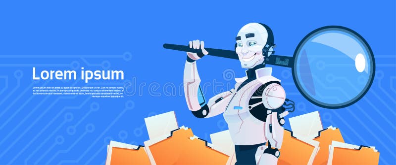 Concepto moderno de la búsqueda de los datos de la lupa del control del robot, tecnología futurista del mecanismo de la inteligen libre illustration Concepto moderno de la búsqueda de los datos de la lupa del control del robot, tecnología futurista del mecanismo de la inteligen libre illustration