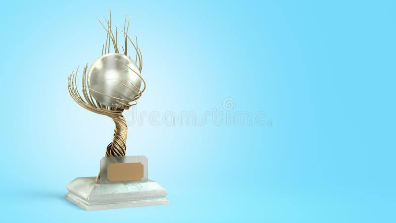 Concepto moderno galardonado goblet de árbol trenzado de oro con una gran representación de perla 3d en gradiente azul stock de ilustración