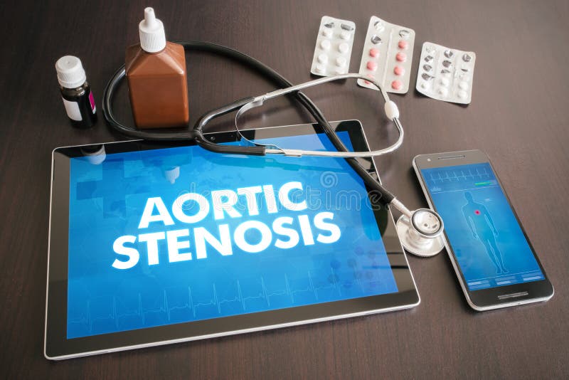 Aortic stenosis (heart disorder) diagnosis medical concept on tablet screen with stethoscope. Aortic stenosis (heart disorder) diagnosis medical concept on tablet screen with stethoscope.