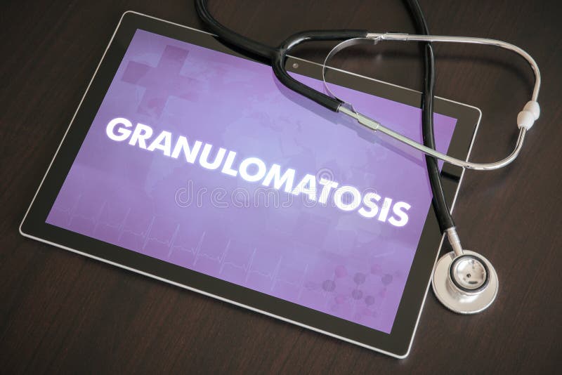 Granulomatosis (heart disorder) diagnosis medical concept on tablet screen with stethoscope. Granulomatosis (heart disorder) diagnosis medical concept on tablet screen with stethoscope.