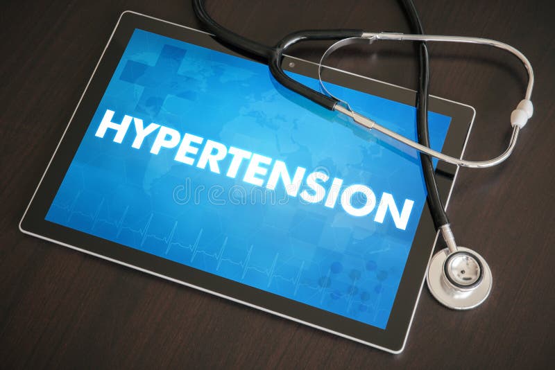 Hypertension (heart disorder) diagnosis medical concept on tablet screen with stethoscope. Hypertension (heart disorder) diagnosis medical concept on tablet screen with stethoscope.