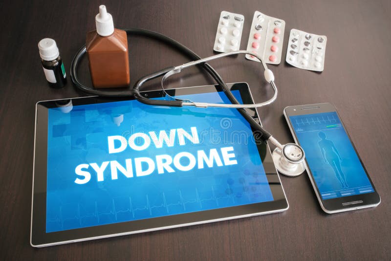 Down syndrome (neurological disorder) diagnosis medical concept on tablet screen with stethoscope. Down syndrome (neurological disorder) diagnosis medical concept on tablet screen with stethoscope.