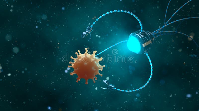 Concepto médico en el campo de la nanotecnología Un nanobot estudia o mata a un virus representaci? n de 3 d stock de ilustración