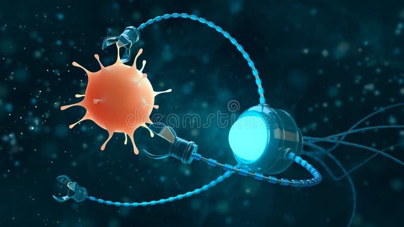 Concepto médico en el campo de la nanotecnología Un nanobot estudia o mata a un virus representaci? n de 3 d ilustración del vector