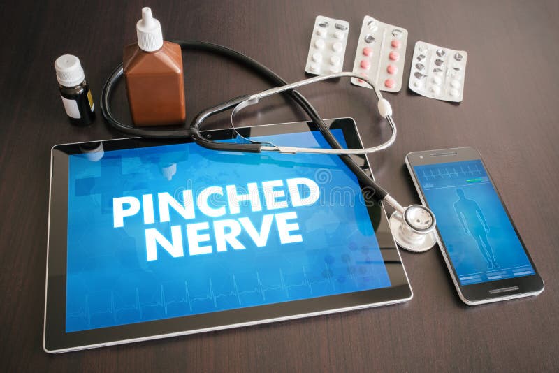 Pinched nerve (neurological disorder) diagnosis medical concept on tablet screen with stethoscope. Pinched nerve (neurological disorder) diagnosis medical concept on tablet screen with stethoscope.