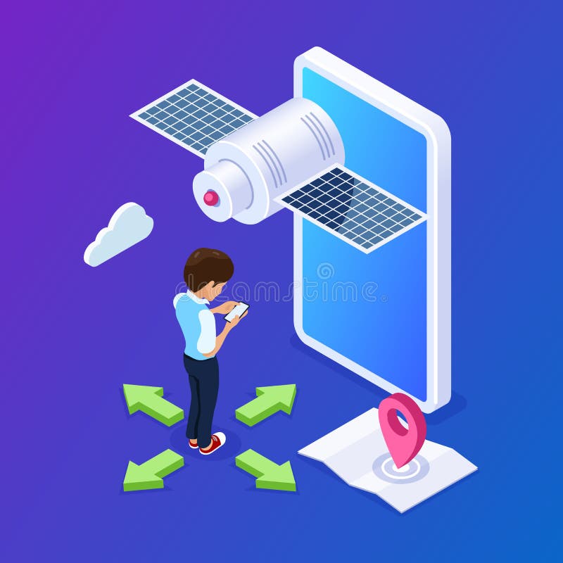 concepto móvil isométrico de la navegación 3d la persona utiliza el teléfono móvil para pavimentar la manera Satélite en el fondo ilustración del vector concepto móvil isométrico de la navegación 3d la persona utiliza el teléfono móvil para pavimentar la manera Satélite en el fondo ilustración del vector