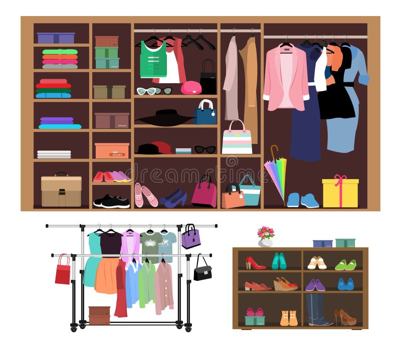 Concepto plano del estilo de guardarropa para las mujeres Armario elegante con la moda, la ropa, los zapatos y los bolsos de las stock de ilustración