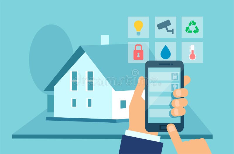 Concepto plano del vector del estilo de sistema elegante de la tecnología de la casa con control centralizado en el dispositivo m libre illustration Concepto plano del vector del estilo de sistema elegante de la tecnología de la casa con control centralizado en el dispositivo m libre illustration