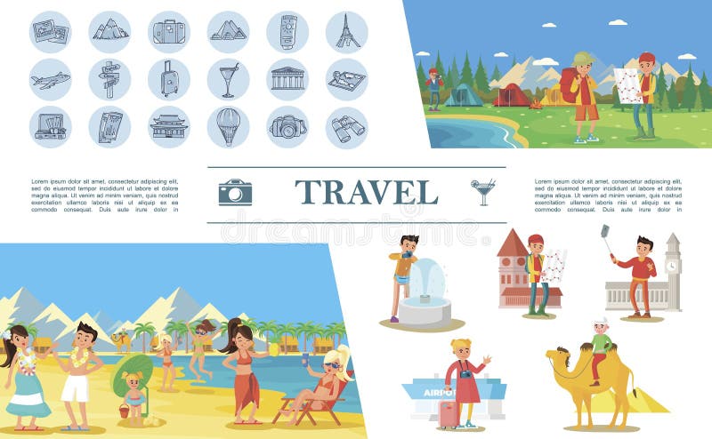 Concepto plano del viaje del verano stock de ilustración Concepto plano del viaje del verano stock de ilustración