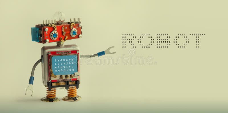 Concepto robótico de la tecnología Juguete del cyborg del especialista de las TIC, cuerpo azul principal rojo sonriente del monit imagenes de archivo Concepto robótico de la tecnología Juguete del cyborg del especialista de las TIC, cuerpo azul principal rojo sonriente del monit imagenes de archivo