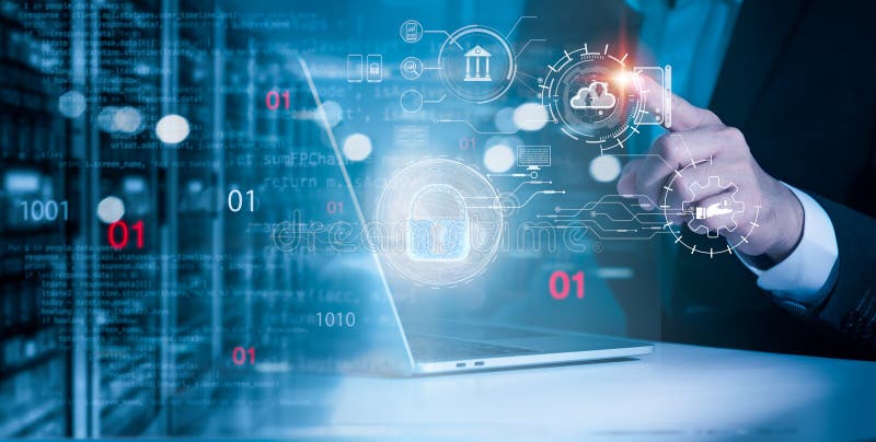 Concepts of cybersecurity, user privacy protection, encryption, and safe internet access Screen the padlock, cybernetics, and stock photography