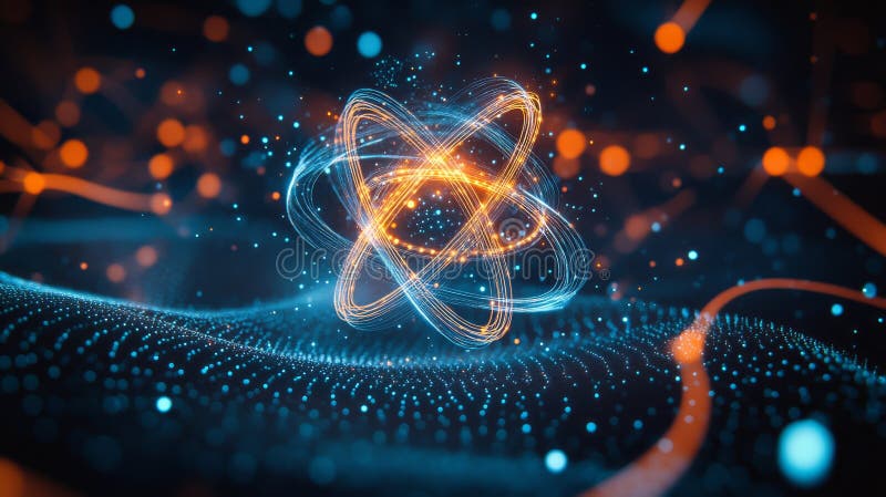 A conceptual abstract image of an atom, featuring electrons and protons circling the nucleus
