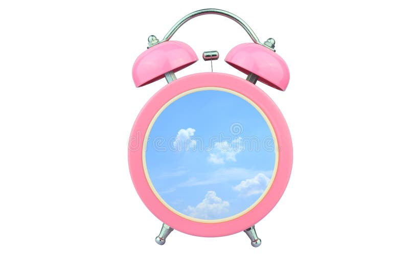 Conceptual art time to relax : sky and cloud within pink alarm clock isolated on white background