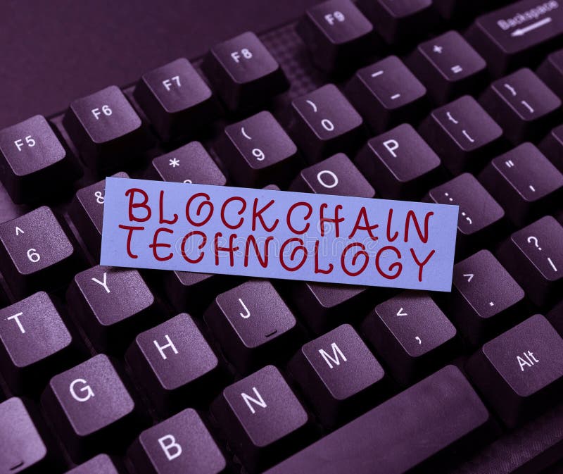 Conceptual caption Blockchain Technology. Business overview distributed ledger that records the origin of asset Typing royalty free stock images