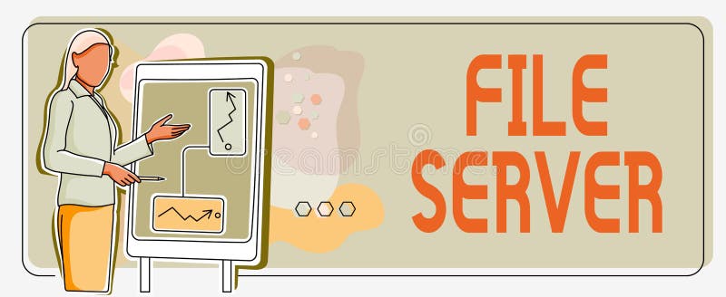 Conceptual caption File Server. Concept meaning device which controls access to separately stored data Lady standing vector illustration