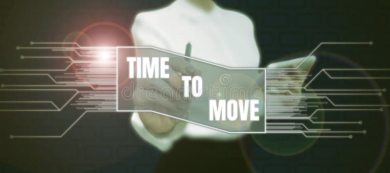 Conceptual caption Time To Move. Word for Best period to transfer Relocation Change the current path Businessman in suit stock images