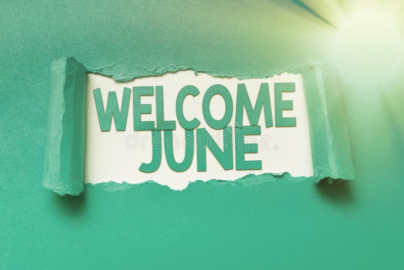 Desplegado bienvenido junio, la tienda descripción general calendario el sexto un mes tipos cuarto treinta días saludos arrancar sobre el una carta para página.