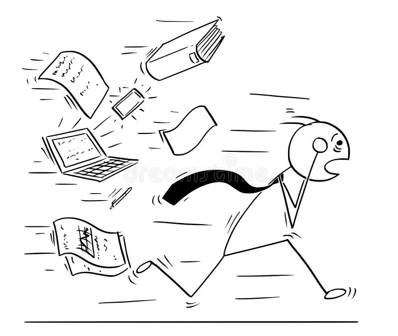 Conceptual Cartoon of Businessman Running Away Chased by Work Stock ...