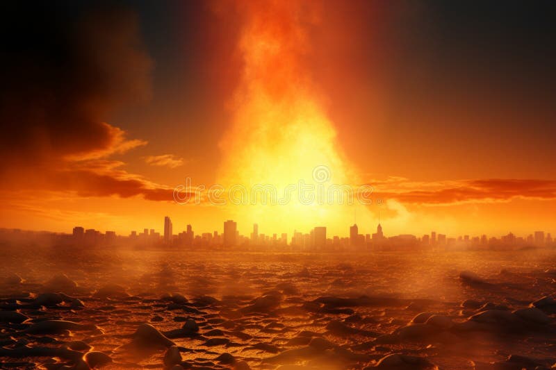 Conceptual city heatwave, visualizing global warming\'s high-temperature impact. stock illustration