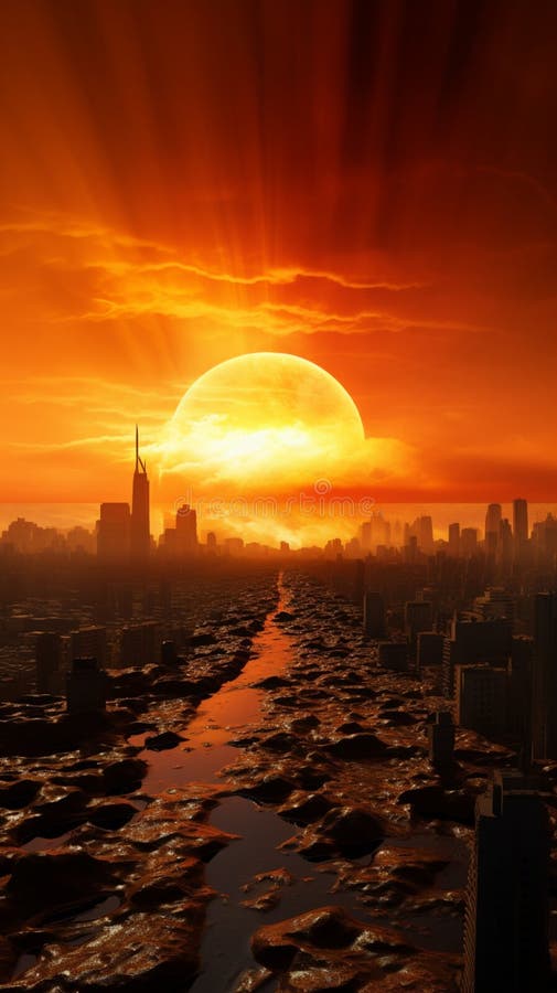Conceptual city heatwave, visualizing global warming\'s high-temperature impact. stock illustration