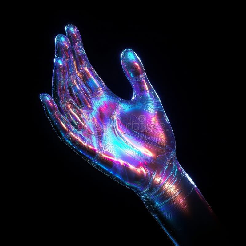 Conceptual 3D rendering of a futuristic abstract design, featuring a hand gesture with a liquid metallic texture stock illustration