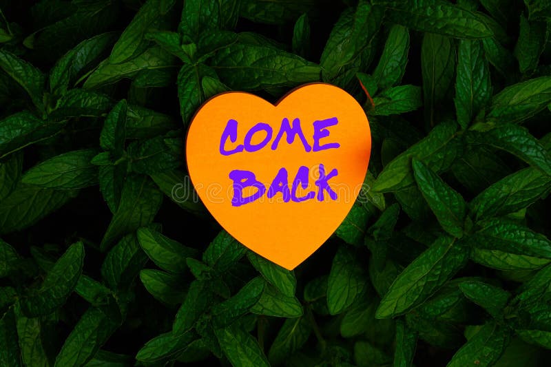 Conceptual display Come Back. Word Written on asking for a person to return to a place where love ones resides Heart stock images