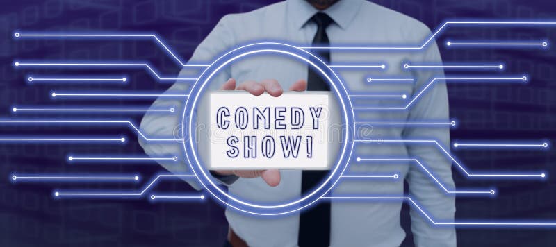 Conceptual display Comedy Show. Word Written on Funny program Humorous Amusing medium of Entertainment Man Presenting. Inspiration showing sign Comedy Show, Conceptual photo Funny program Humorous Amusing medium of Entertainment Man Presenting Crucial Information On Tablet In Digital Circle With Lines.