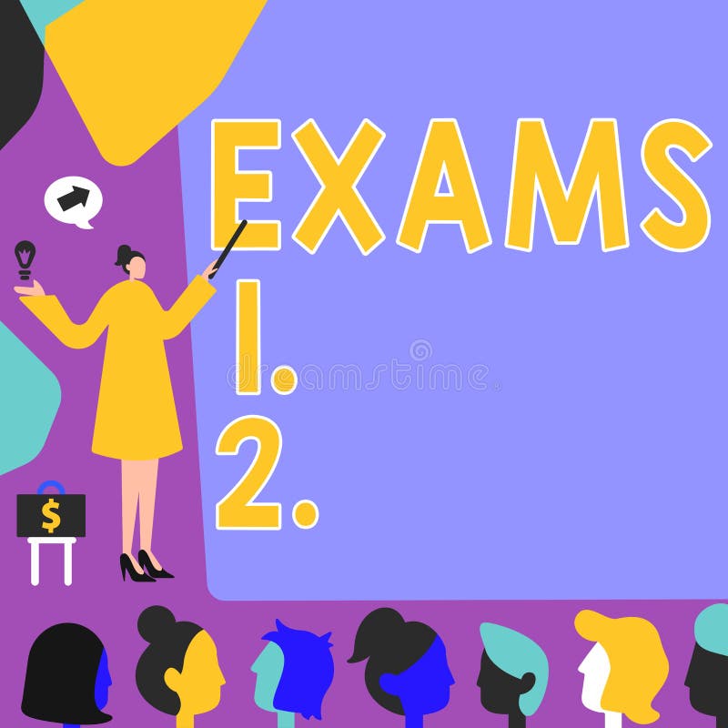 Conceptual display Exams. Word for test of a specified kind to prove your strength and weakness stock illustration