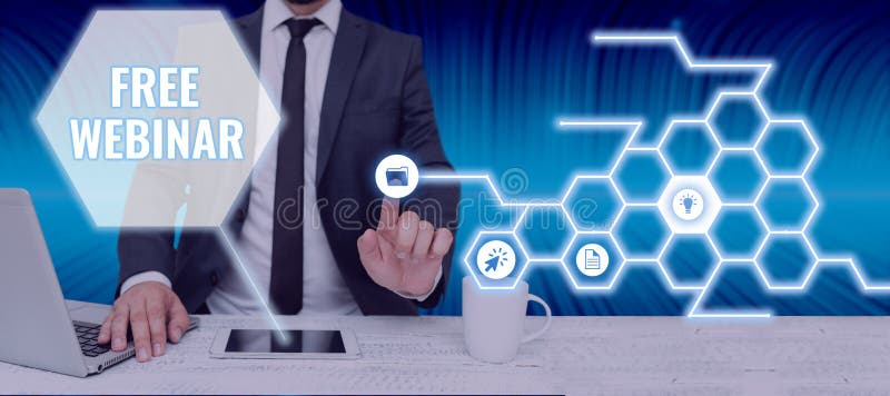 Conceptual display Free Webinar. Conceptual photo Lecture Workshop Seminar that is transmitted over the Web Businessman royalty free illustration