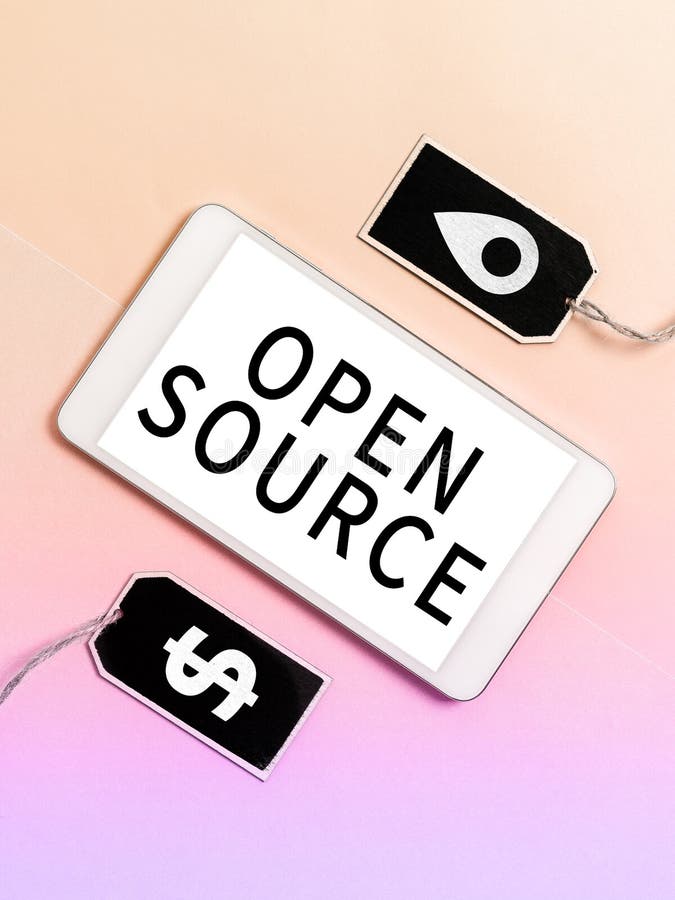 Conceptual display Open Source. Business idea denoting software which original source code freely available stock illustration