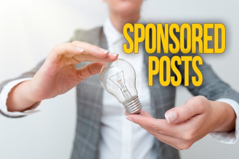 Conceptual display Sponsored Posts. Business overview post that a business pays to distribute to a wider audiences Lady royalty free stock images