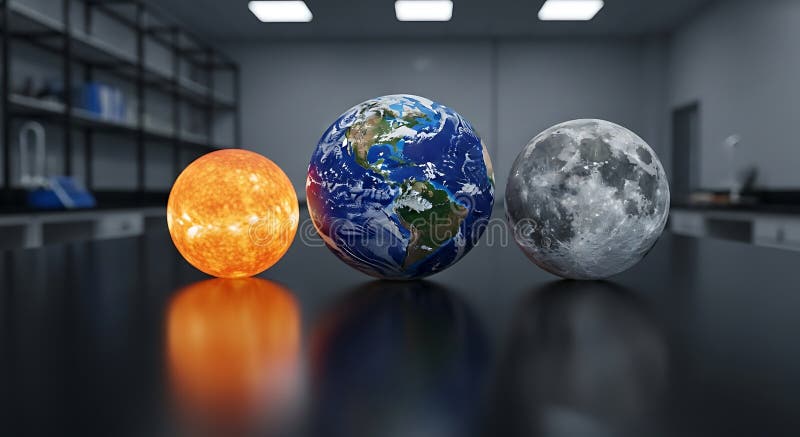 Conceptual display of the sun, earth, and moon aligned in a modern, sterile laboratory environment stock image