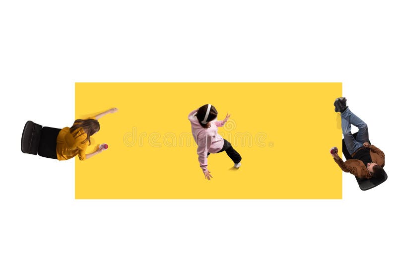 Conceptual graphic design. Three workers on yellow background, engaged in various postures and gestures, symbolizing stock photos