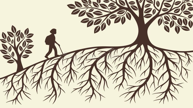 Conceptual Growth: Person Emerging from Tree Roots, vector design Generative AI royalty free illustration
