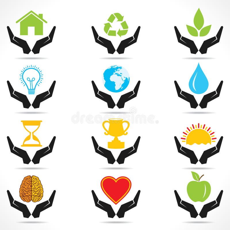 Conceptual hand icon with different object icons stock illustration