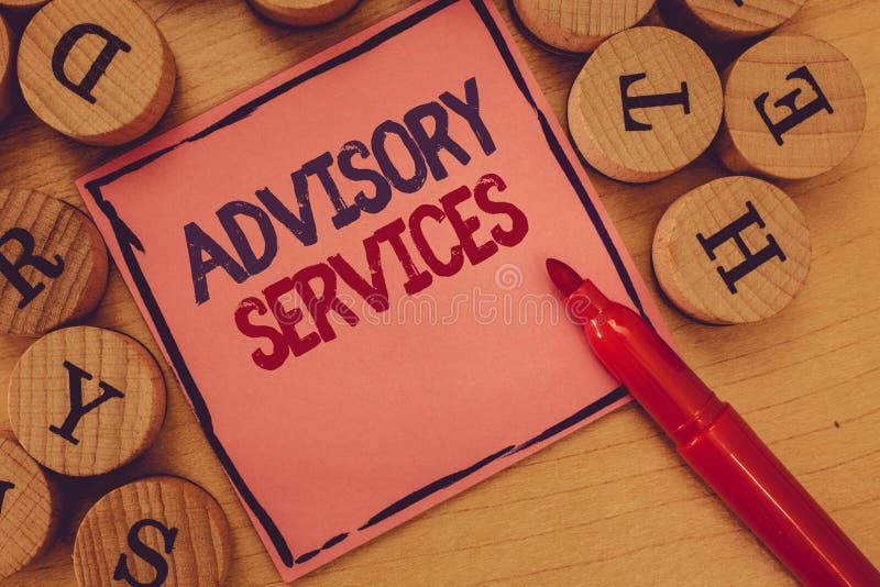 Conceptual hand writing showing Advisory Services. Business photo text Support actions and overcome weaknesses in stock image