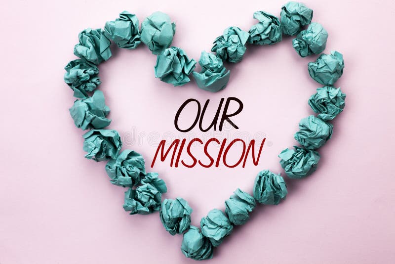 Conceptual hand writing showing Our Mission. Business photo text Goal Motivation Target Growth Planning Innovation Vision written Plain background within Heart Paper Balls.