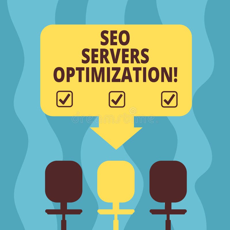 Conceptual hand writing showing Seo Servers Optimization. Business photo showcasing SEO network working at maximum efficiency Space Color Arrow Pointing to One of the Three Swivel Chairs
