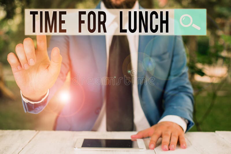 Conceptual hand writing showing Time For Lunch. Business photo showcasing Moment to have a meal Break from work Relax