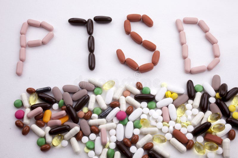 Conceptual Hand writing text caption inspiration Medical care Health concept written with pills drugs capsule word PTSD On white i stock photos Conceptual Hand writing text caption inspiration Medical care Health concept written with pills drugs capsule word PTSD On white i stock photos