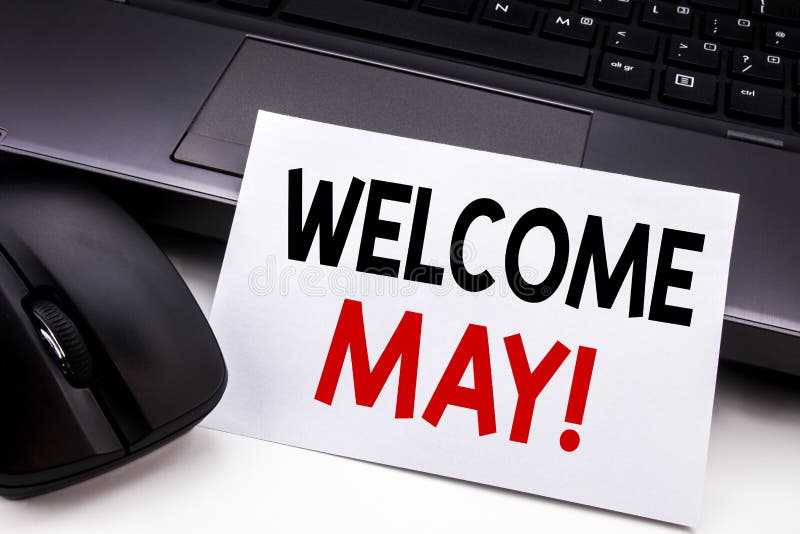 Conceptual hand writing text caption inspiration showing Welcome May. Business concept for Hello Month Greeting written on sticky stock photography