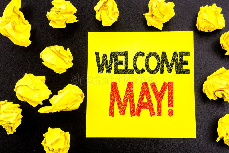 Conceptual hand writing text showing Welcome May. Business concept for Hello Month Greeting written on sticky note paper. Folded y stock photo