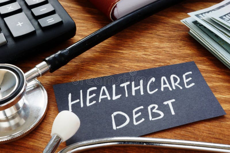 Conceptual hand written text showing Healthcare debt royalty free stock photos