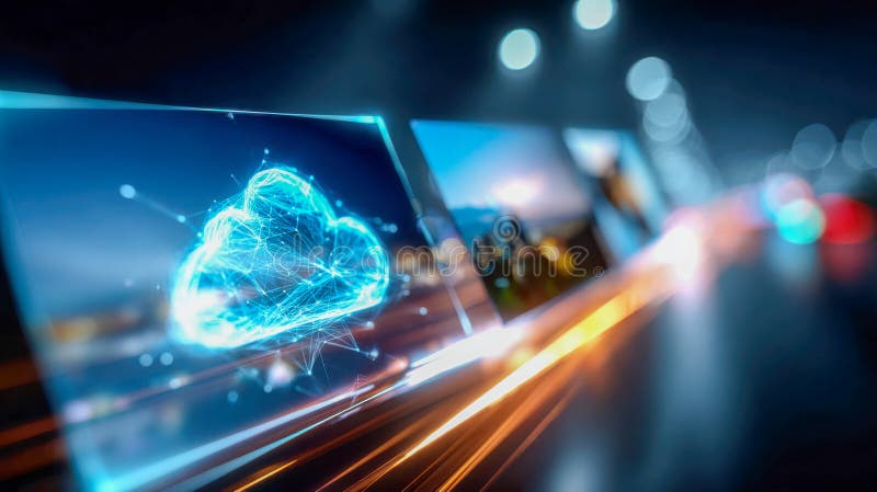 Conceptual illustration of a digital cloud interface representing family photo storage, organization, and secure cloud stock photos