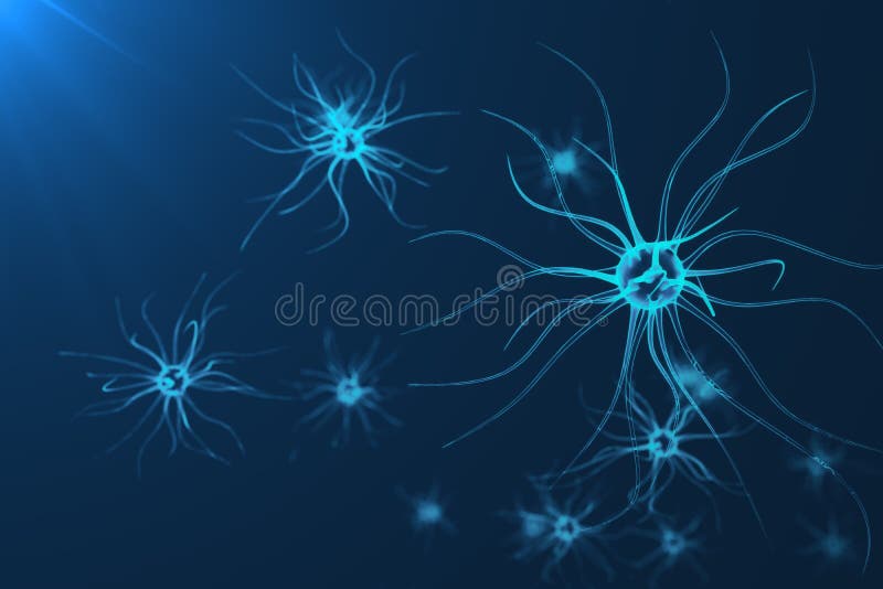 Conceptual illustration of neuron cells with glowing link knots. Synapse and Neuron cells sending electrical chemical signals. Neuron of Interconnected neurons with electrical pulses. 3D rendering