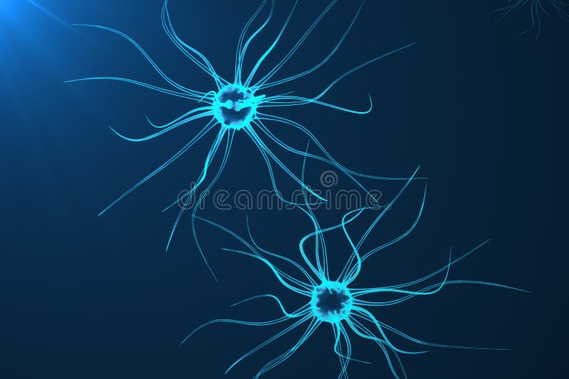 Conceptual illustration of neuron cells with glowing link knots. Synapse and Neuron cells sending electrical chemical signals. Neuron of Interconnected neurons with electrical pulses. 3D rendering