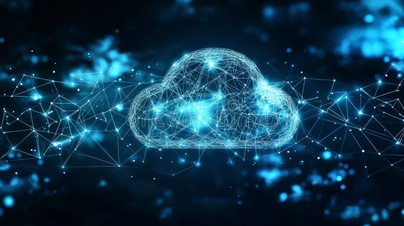 Conceptual image of cloud and edge computing technology. There is a large cloud icon in the center, abstract code interconnected polygons, and multicolored dots.. AI generated