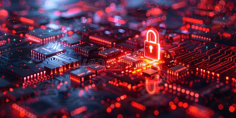 Conceptual image of digital security symbolized by neonilluminated circuit board and padlock. vector illustration