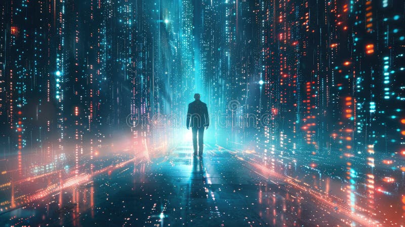 A conceptual image featuring a human figure emerging from a matrix of digital codes and lines, representing the rise of royalty free stock photography