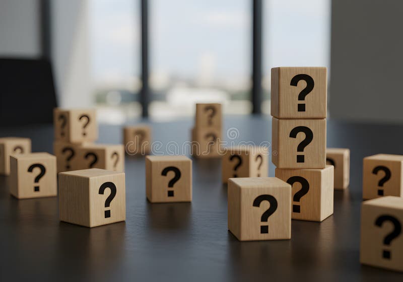 Question mark blocks concept uncertainty and problem solving symbol for business strategy and decision. conceptual image featuring wooden blocks with question marks, symbolizing uncertainty, problem-solving, and strategic decision-making. It represents the challenges and mysteries we face.
